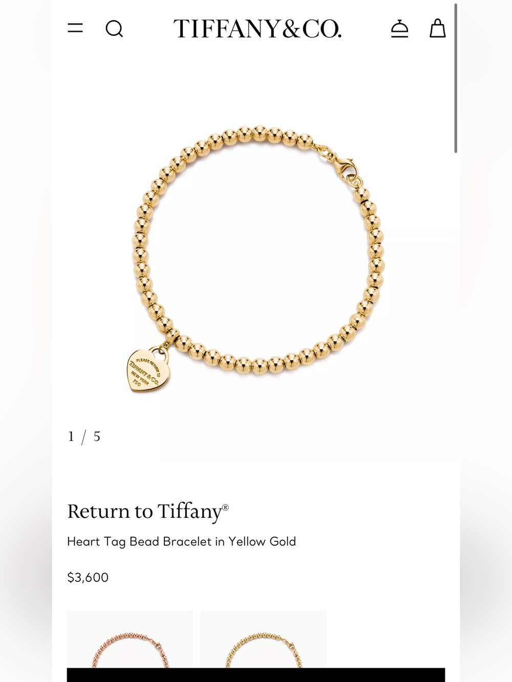 Tiffany & Co. Polished Gold Bead Bracelet with Heart Tag 7 inch